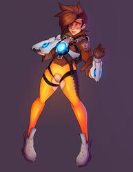 armor blush bomber_jacket bottomless brown_hair chronal_accelerator clothing crotch_cutout eyewear female female_only female_pubic_hair footwear front_view full_body gloves goggles hand_on_own_cheek harness highres human jacket legband leggings looking_down lustysheep overwatch pigeon-toed pubic_hair pussy pussy_juice shoes short_hair simple_background solo tracer vambraces