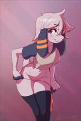 2018 blue_eyes caprine clothing female furry krisha_russel_(zeldrith) lamb long_hair mammal panties petite sheep shirt solo sy_noon teasing teenager underwear undressing white_fur white_hair