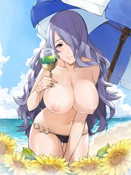 1girls areolae bare_arms bare_breasts bare_midriff bare_shoulders bare_thighs beach beach_umbrella belly bending_over bent_over big_breasts big_sister bikini bikini_bottom bikini_bottom_only blue_sky breasts calm camilla_(fire_emblem) camilla_(summer)_(fire_emblem) collarbone drink female female_focus female_only fire_emblem fire_emblem_fates fire_emblem_heroes flower flowers front_view glass hair_over_eye hair_over_one_eye happy head_tilt holding_drink holding_glass huge_breasts human human_focus human_only j@ck large_breasts leaning leaning_forward leaning_over light-skinned_female light_skin long_hair looking_at_viewer mature mature_female mature_woman midriff milf navel nintendo nipples ocean one_eye_covered one_eye_obstructed panties parasol peaceful pov pov_eye_contact purple_eyes purple_hair relaxed relaxing sea seaside sky smile smiling smiling_at_viewer soft soft_breasts solo solo_female solo_focus stomach sunflower sunflowers sunny swimsuit topless topless_bikini topless_female umbrella voluptuous warm water wet wholesome