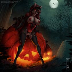 anthro basket bat blood breasts canine clitoris clothed clothing corset drooling fangs female full_moon fur glowing glowing_eyes gravestone hair halloween holidays hood jack-o'-lantern lingerie llmixll looking_at_viewer mammal moon night nipples open_mouth open_smile outside partially_clothed pumpkin pumpkin_patch pussy pussy_juice red_eyes saliva smile solo standing striped_fur stripes tena_teardrop tree wolf