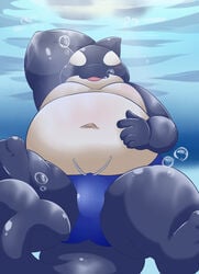 2017 animal_genitalia anthro bake_gosut belly black_skin blush bulge cetacean chubby_cheeks clothed clothing eyeless genital_slit male male_only mammal marine moobs open_mouth orca overweight overweight_male slightly_chubby slit solo sweat swimsuit underwater water whale white_skin でぶしゃち