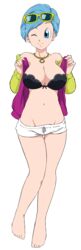 1girls blue_eyes blue_hair bra breasts bulma_briefs busty caisama cleavage dragon_ball dragon_ball_super female_only hourglass_figure jacket milf short_shorts shounen_jump solo sunglasses voluptuous wink