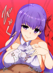 1boy bangs bare_shoulders bb_(fate) bow breast_press breasts collarbone collared_shirt cum cum_in_clothes cum_on_clothes cum_through_clothes ejaculation eyebrows_visible_through_hair fate/grand_order fate_(series) female femdom hairbow isemagu large_breasts leotard long_hair looking_at_viewer male paizuri paizuri_under_clothes penis_under_clothes pov purple_eyes purple_hair red_background red_bow shirt sideboob smile smug solo_focus speed_lines trembling very_long_hair