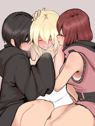 3girls black_coat blonde_hair blush breath clothing coat dark_hair disney dress female hood hood_down human kairi kingdom_hearts kingdom_hearts_358/2_days kingdom_hearts_ii kingdom_hearts_iii namine nobody_(kingdom_hearts) outerwear pale_skin red_hair romantic square_enix sundress trio umonebi xion yuri