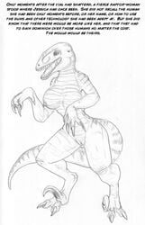 anthro arania breasts claws dinosaur experiment fangs female glass mad_scientist monochrome nipples nude post_transformation raptor reptile scale scalie scientist shocked sketch solo standing theropod