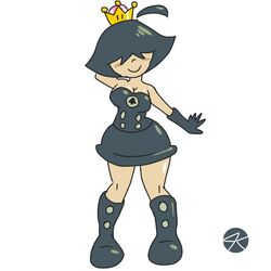 black_dress blush boots cleavage crown dress elbow_gloves gloves hair_over_eyes humanized jk-kino large_breasts mario_(series) ms._game_and_watch new_super_mario_bros._u_deluxe pose shiny_skin smile super_crown thighs