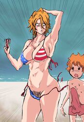 1boy abs age_difference american_flag_bikini angry armpits arms_behind_back arms_behind_head beach big_ass big_breasts big_penis bleach female female_pubic_hair horny kazui_kurosaki matsumoto_rangiku maxi pubic_hair pussy short_hair swimsuit