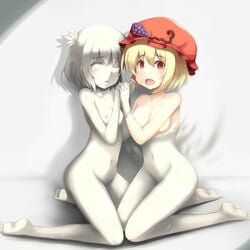 2girls blonde_hair blush breasts hand_holding hat looking_at_viewer minoriko_aki multiple_girls ninifinin nipples nude open_mouth petrification pussy red_eyes shizuha_aki small_breasts tears touhou