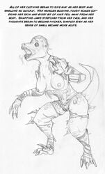 arania breasts claws clothing experiment fangs female mad_scientist mammal monochrome reptile scale scalie shocked sketch solo standing torn_clothing transformation