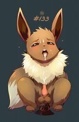 1boy 2018 brown_fur cum cum_on_self eevee feral fur furry hi_res looking_at_viewer male male_only multicolored_tail ne_sun nintendo open_mouth paws penis pokémon_(species) pokemon pokemon_rgby sex_toy simple_background solo squatting text tongue tuft video_games wet white_fur