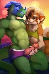 1boy 1girls anthro breasts briefs canine couple dinosaur duo erection female green_skin interspecies jasonafex kabier knot male masturbation mitsu_(kabier) nipples pecs penis penis_through_fly precum raptor reptile scalie shiba_inu smile smiling straight topless underwear vergence