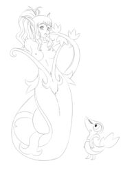 1girls ambiguous_gender aroused blush breasts duo female fusion hilda_(pokemon) larger_female leaf line_art monochrome monster_girl_(genre) naga nickfaire nintendo nipples nude pokemon pokemon_(species) pokemon_bw pokemorph pussy reptile scalie simple_background size_difference snake snivy video_games wide_hips