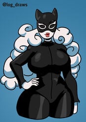 air_creature air_humanoid batman_(series) big_breasts big_lips bodysuit cartoon_network cat_suit catwoman_(cosplay) cloud_creature cloud_humanoid cosplay dc dc_comics earrings hand_on_hip latex log_draws milf no_pupils simple_background skin_tight skinsuit straight_hair the_amazing_world_of_gumball wide_hips yuki_yoshida