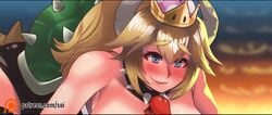 1boy 1girls animated black_dress black_legwear blonde_hair blue_eyes blush bouncing_breasts bowsette crown cum cum_between_breasts cum_on_breasts dress ejaculation ejaculation_between_breasts female femdom genderswap grin horn horns large_breasts lava lens_flare longer_than_30_seconds male mario mario_(series) new_super_mario_bros._u_deluxe nintendo no_sound paizuri penis pleasure_face sharp_teeth shell skello-on-sale smile spiked_bracelet spiked_collar spikes super_crown super_mario_bros. tail titfuck video