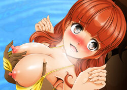 1boy absurdres bikini blush breast_grab breasts brown_eyes female girls_und_panzer grabbing highres large_breasts looking_at_viewer nanashi_noiji nipples ocean open_mouth orange_hair swimsuit swimwear takebe_saori yellow_bikini