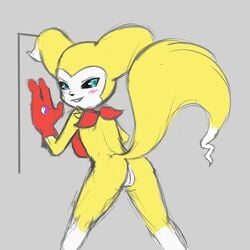 anthro ass black_sclera blue_eyes digimon female homekeys hybrid impmon presenting presenting_hindquarters pussy renamon renimpmon simple_background solo