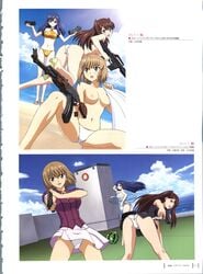 3girls agent_aika aika_r-16 aika_sumeragi ak-47 angry artbook ass assault_rifle beach bikini blonde_hair blue_eyes blue_hair blush braid breasts brown_eyes brown_hair curvy dutch_angle eri_shinkai female female_only green_eyes gun halter_top halterneck high_heels highres holding karen_minamino lens_flare long_hair looking_at_viewer looking_back m-16 m16 magazine_(weapon) medium_breasts multiple_girls navel nipples official_art open_mouth rifle scan shoes short_hair sideboob smile spread_legs swimsuit text thong topless watermark weapon yamauchi_noriyasu yellow_eyes