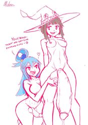 2futas aqua_(konosuba) ass balls barefoot big_ass big_balls big_breasts blush breasts bulging_urethra child_bearing_hips cum curvaceous curvy dialogue dickgirl drooling duo erect_nipples erect_penis erection exhibitionism flat_chest fondle fondling futa_on_futa futa_only futanari grope groping hat heart-shaped_pupils hyper hyper_penis imminent_sex intersex inviting kono_subarashii_sekai_ni_shukufuku_wo! large_breasts larger_futanari magic mckaos megumin monochrome nipples nude penis_size_difference precum precum_drip size_difference small_breasts small_but_hung small_penis small_testicles smaller_futanari smile suggestive testicles text thick_penis thick_thighs tiny_penis vein veiny_balls veiny_penis wide_hips witch witch_hat wizard_hat young zures