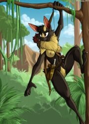 anathi angrycontra anthro arrow_(weapon) bat belt black_body bow_(weapon) breasts claws climbing cloud female forest genitals hi_res jungle knife mammal nipples nude orange_eyes outside plant pussy quiver ranged_weapon rope rope_belt sky solo tree weapon wingless_bat