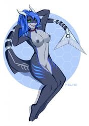 2018 anthro blue_hair breasts clitoris felicia_cat female fish green_eyes hair horn machine marine nightsharky nipples no_sclera open_mouth pussy robot shark simple_background smile solo teeth tongue white_background