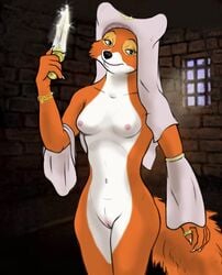 2017 breasts canine claws clothed clothing disney dreamwindow female female_genitalia fox furry jewelry knife maid_marian mammal nipples partially_clothed pussy robin_hood_(disney)