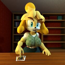 1girls 3d animal_crossing animal_ears anthro bare_shoulders big_breasts blonde_hair blue_eyes busty canine curvy detailed_background dog female female_only front_view furry hourglass_figure humanoid indoors inside isabelle_(animal_crossing) looking_at_viewer lowkeydiag mammal nintendo open_mouth pose posing room shiny shiny_skin short_hair skirt solo standing thong video_game video_games voluptuous wide_hips year_request yellow_skin