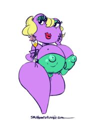 amphibian animal_crossing artist_signature beauty_mark bimbo blonde_hair eyeshadow frog gigi_(animal_crossing) huge_breasts lips lipstick makeup nintendo purple_skin smutbooru swimsuit wide_hips