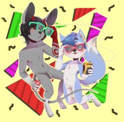 alexz_(artist) anthro black_hair black_sclera blue_fur blue_hair blush bulge canine duo eyewear flaccid foreskin fox fur glasses grey_fur hair headphones horn humanoid_penis male male_only mammal nude penis portable_music_player rat rodent simple_background sunglasses uncut walkman winterwolfy yellow_eyes