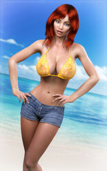 1girls 3d areolae beach breasts cleavage darkhound1 erect_nipples female female_only grey_eyes hand_on_hip jean_shorts large_breasts legs_crossed looking_at_viewer nipple_bulge nipples oc_character ocean open_mouth orange_hair see-through see-through_bra see-through_clothing see-through_top wide_hips yellow_bikini_top