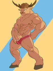 1boy 2018 abs anthro antlers biceps biped blue_eyes bulge cervid clothing digital_media_(artwork) erection fanofthefurr fur hair hi_res hooves horn humanoid_penis male male_only mammal muscular muscular_male nipples nude pecs penis red_underwear simple_background smile smirk smug solo uncut underwear