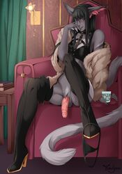 anthro babayana black_hair clothing cup dickgirl ear_tuft feline fur futanari hair hand_on_face intersex legwear long_hair looking_at_viewer mammal penis purple_eyes rubber sitting solo tuft