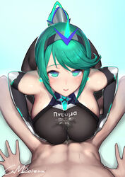 1boy 1girls absurdres bangs blush breasts clothed_female_nude_male cum cum_on_clothes dated elbow_gloves eyebrows_visible_through_hair female gloves gorgeous_mushroom gradient gradient_background green_eyes green_hair hair_ornament highres large_breasts long_hair looking_at_viewer male nintendo nude paizuri paizuri_under_clothes pneuma_(xenoblade) ponytail pov signature smile solo_focus swept_bangs xenoblade_(series) xenoblade_chronicles_2