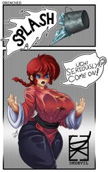 1girls angry blue_eyes breasts chinese_clothes cleavage clothed clothing comic curvy dialogue dkdevil english_text female female_only fully_clothed gender_transformation genderswap_(mtf) gigantic_breasts hourglass_figure huge_breasts large_breasts ranma-chan ranma_1/2 ranma_saotome red_hair rule_63 solo text voluptuous water wet wet_clothes wide_hips