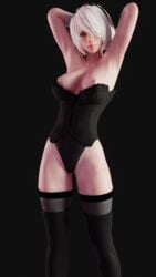 1girls 3d android areolae armpits arms_up black_background blender blue_eyes boots breasts corset female female_only kruel-kaiser light-skinned_female light_skin lingerie nier nier:_automata nipples pale-skinned_female pale_skin short_hair solo stockings thigh_boots thighhighs white_hair yorha_2b