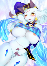 anthro armpits big_breasts blush breasts brown_fur canine daji_(full_bokko_heroes_x) female full_bokko_heroes_x fullbokko_heroes fur ginko0101 hair kemono looking_at_viewer mammal nipples open_mouth pussy solo video_games white_fur yellow_eyes