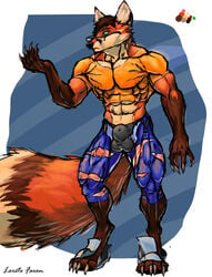 abs anthro ballsack_outline bulge canine claws clothing eyewear fox glasses loretofaron mammal muscular pecs penis_outline standing transformation