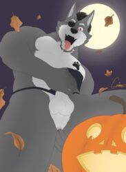 absurd_res anal anal_fingering anthro balls canine cloth eye_patch eyewear fingering food fruit greykenny_wolfz_(artist) halloween hi_res holidays leaves male male_only mammal masturbation moon muscular night penis pumpkin red_eyes solo tongue wolf