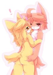 1boy blonde_hair brown_hair canine couple female furry kamawahi long_hair red_eyes sweat yellow_eyes