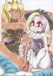 4_toes 5_toes alternate_species animal_humanoid anthro barefoot blonde_hair blue_toenails bowsette breasts broodals claws cleavage clothed clothing cum cum_on_feet daigaijin duo_focus feet female foot_fetish footjob genderswap group group_sex hair hariet_(mario) highres humanoid humanoid_feet humanoid_penis humanoidized koopa lagomorph male mammal mario_(series) new_super_mario_bros._u_deluxe nintendo penis rabbit scalie sex straight super_crown super_mario_odyssey threesome toe_claws toes video_games