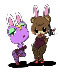 alcohol amphibian animal_crossing ankle_strap_heels backless bear beauty_mark blonde_hair bowtie bunny_ears bunny_girl bunnysuit choker embarrassed evening_gloves eyelashes eyeshadow fishnets frog furry gigi_(animal_crossing) heels highres lips lipstick long_gloves makeup maple_(animal_crossing) martini nintendo purple_skin shy waitress