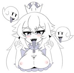 1girls 3others ambiguous_gender between_breasts black_and_white boo_(mario) boosette breasts clothing female female_focus ghost long_hair luigi's_mansion mario_(series) new_super_mario_bros._u_deluxe nintendo nipples open_mouth sharp_teeth simple_background smile teeth tongue tongue_out vadaboob