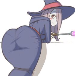 2018 artist_name ass bedroom_eyes bent_over danfer3 fully_clothed hat little_witch_academia long_hair looking_at_viewer magic_wand one_eye_closed pantylines red_eye red_eyes robes sucy_manbavaran wand white_background witch witch_hat