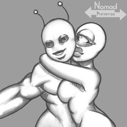 1boy alien alien_girl bald bald_female black_eyes black_sclera cyclops female hug male nomad_reverse nude one_eye selfie sketch uno