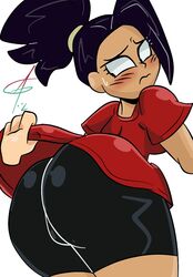 1girls alternate_hairstyle alternate_version_available ass big_ass bike_shorts black_eyes black_hair black_panties blush closed_mouth dragon_ball dragon_ball_super embarrassed female female_only hips ican-t-get-no-satisfaction kale looking_to_the_side pussy saiyan shiny_skin skirt skirt_up solo solo_focus thick_legs thick_thighs view