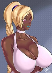 1girls 2018 bikini bikini_top blonde_hair blue_lipstick borrowed_character braid breast_hold breasts cassandra_(mrsithums) choker cleavage clothed crossed_arms dark-skinned_female dark_skin dated female female_only half-closed_eyes huge_breasts long_hair looking_away original pink_eyes shirt single_braid solo taiyu text watermark white_bikini