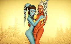 2girls 3d aayla_secura ahsoka_tano alien alien_girl artist_name bare_shoulders big_breasts bikini bikini_bottom bikini_top blue_eyes blue_skin busty curvy detailed_background eyelashes female female_only freckles front_view grab grabbing headgear hourglass_figure hugging humanoid indoors inside jedi jedi_master kondaspeter looking_at_viewer looking_down mammal marking midriff multiple_females multiple_girls necklace orange_skin pose posing purple_lips room shadow shiny shiny_skin side_view sideboob standing star_wars star_wars_rebels swimsuit thong togruta twi'lek voluptuous wide_hips yellow_eyes