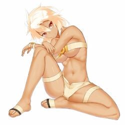 1girls bare_shoulders barefoot belt beltbra blonde_hair breasts dark-skinned_female dark_skin feet female female_only guilty_gear guilty_gear_xrd large_breasts looking_at_viewer navel ramlethal_valentine red_eyes revealing_clothes short_shorts shorts simple_background sitting solo thigh_strap thighs toes underboob white_background