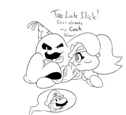 black_and_white cuck cuckold doopliss fellatio goomba goombella hypnosis hypnotic_eyes hypnotized mario mario_(series) mind_control netorare nintendo ntr oral paper_mario party_hat sad swirly_eyes thunderfap