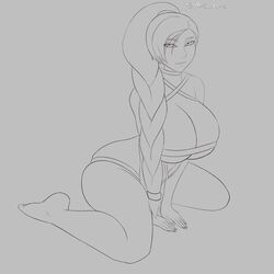 1girls braid cassandra_(mrsithums) cleavage eye_contact female full_body half-closed_eyes huge_breasts kneeling large_ass line_art looking_at_viewer mole mole_under_eye monochrome mr_sithums naked_ribbon original pose single_braid sitting solo thick_thighs wariza wide_hips