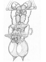 anthro big_breasts bondage bound breasts caprine female hanging_breasts huge_breasts mammal molly_mcalister monochrome nipples nude open_mouth pencil_(artwork) sheep shocked tongue tongue_out traditional_media_(artwork) upset wolfkidd